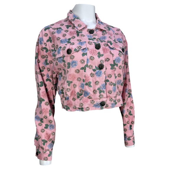 VTG 80's/90's JOLLY U.S.A Pink Floral 100% Cotton Denim Like Crop Jacket Sz Sm - Picture 2 of 16